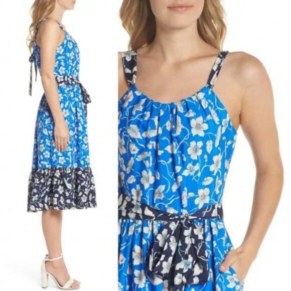 NEW Eliza J Floral Bow Tie Back Midi Sundress Blue Size‎ 4 Nordstrom Bohemian - Picture 2 of 12